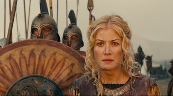 Movie still from “Wrath of the Titans” (2012), directed by Jonathan Liebesman – A person wearing a helmet; Close Up shot, Low angle