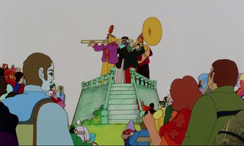 Movie still from “Yellow Submarine” (1968), directed by George Dunning – A group of people standing around a stage with a musical instrument on top of it; Extreme Wide shot, Low angle