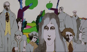 Movie still from “Yellow Submarine” (1968), directed by George Dunning – A painting of a group of people in a field; Close Up shot, Low angle