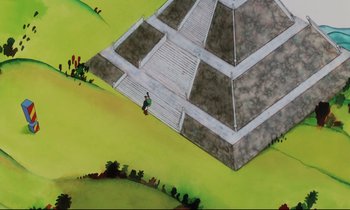 Movie still from “Yellow Submarine” (1968), directed by George Dunning – An aerial view of a pyramid with a person walking on it; Extreme Wide shot, Overhead angle