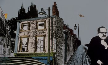 Movie still from “Yellow Submarine” (1968), directed by George Dunning – An artistic drawing of an old building and a street light; Extreme Wide shot, Low angle