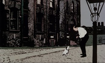 Movie still from “Yellow Submarine” (1968), directed by George Dunning – A man and a dog on the street; Wide shot, Low angle