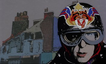 Movie still from “Yellow Submarine” (1968), directed by George Dunning – A man wearing a motorcycle helmet and goggles in front of some buildings; Close Up shot, Low angle