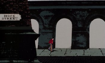 Movie still from “Yellow Submarine” (1968), directed by George Dunning – An animated scene of a man standing in front of an archway; Extreme Wide shot, Low angle
