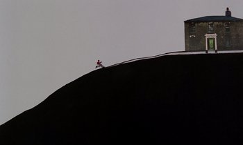 Movie still from “Yellow Submarine” (1968), directed by George Dunning – A man riding a snowboard down the side of a hill; Extreme Wide shot, Low angle