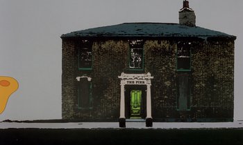 Movie still from “Yellow Submarine” (1968), directed by George Dunning – An image of an old building with a green door; Extreme Wide shot, Low angle