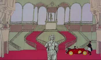 Movie still from “Yellow Submarine” (1968), directed by George Dunning – A drawing of a statue and a car in a room; Extreme Wide shot, High angle