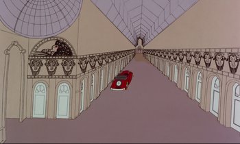 Movie still from “Yellow Submarine” (1968), directed by George Dunning – A cartoon of a car driving down the street; Extreme Wide shot, Overhead angle