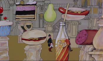 Movie still from “Yellow Submarine” (1968), directed by George Dunning – An illustration of a person walking in front of a store; Extreme Wide shot, Overhead angle