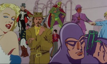 Movie still from “Yellow Submarine” (1968), directed by George Dunning – A bunch of cartoon characters that are in a room together; Wide shot, Low angle