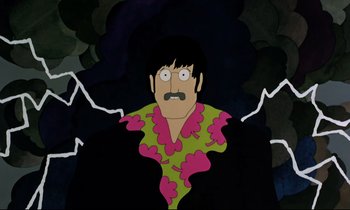 Movie still from “Yellow Submarine” (1968), directed by George Dunning – A cartoon of a man in a black suit and pink and yellow shirt; Medium shot, Overhead angle
