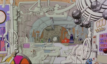 Movie still from “Yellow Submarine” (1968), directed by George Dunning – A drawing of an industrial setting with pipes and pipes; Extreme Wide shot, High angle