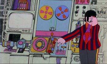 Movie still from “Yellow Submarine” (1968), directed by George Dunning – A hand pointing to a colorful machine in a room; Medium shot, Low angle