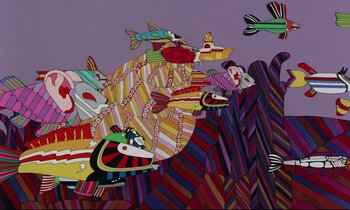 Movie still from “Yellow Submarine” (1968), directed by George Dunning – A colorful painting of many different fish swimming in the water; Extreme Wide shot, Overhead angle