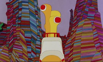 Movie still from “Yellow Submarine” (1968), directed by George Dunning – A painting of a colorful city in the middle of the day; Extreme Close Up shot, Low angle