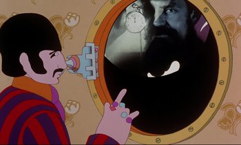 Movie still from “Yellow Submarine” (1968), directed by George Dunning – A man is pointing to a mirror in a cartoon; Close Up shot, Low angle