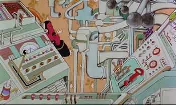 Movie still from “Yellow Submarine” (1968), directed by George Dunning – An overhead view of an industrial area with pipes , pipes , and pipes; Extreme Wide shot, Overhead angle