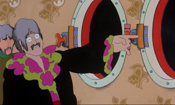 Movie still from “Yellow Submarine” (1968), directed by George Dunning – A painting of a man pointing to a mirror; Medium shot, Low angle
