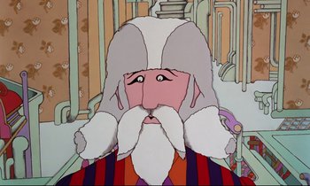 Movie still from “Yellow Submarine” (1968), directed by George Dunning – An animated picture of an old man with a long beard; Close Up shot, Low angle