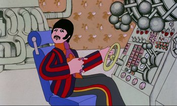 Movie still from “Yellow Submarine” (1968), directed by George Dunning – A drawing of a man driving a steering wheel; Medium shot, Low angle