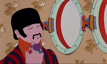 Movie still from “Yellow Submarine” (1968), directed by George Dunning – A cartoon picture of a man with a beard and mustache; Close Up shot, Over the shoulder angle