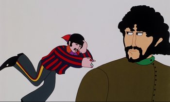 Movie still from “Yellow Submarine” (1968), directed by George Dunning – A man with a beard and a red and black striped shirt is pointing at another man with a beard and a red and black striped shirt; Close Up shot, Low angle