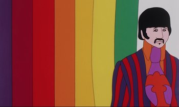 Movie still from “Yellow Submarine” (1968), directed by George Dunning – A person standing in front of a bunch of different colored stripes; Close Up shot, Low angle