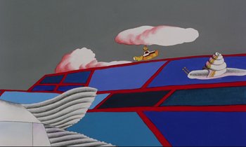 Movie still from “Yellow Submarine” (1968), directed by George Dunning – A painting of a boat in the water with clouds in the background; Extreme Wide shot, Low angle