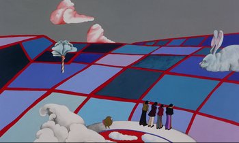 Movie still from “Yellow Submarine” (1968), directed by George Dunning – A painting of a group of people standing on top of a hill; Extreme Wide shot, High angle