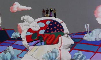 Movie still from “Yellow Submarine” (1968), directed by George Dunning – A painting of a man's head with clouds in the background; Extreme Wide shot, High angle