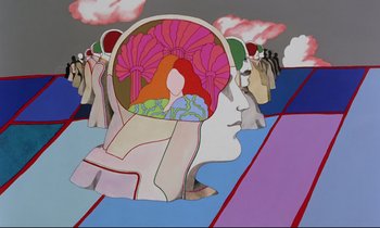 Movie still from “Yellow Submarine” (1968), directed by George Dunning – A painting of a woman sitting in a chair; Extreme Close Up shot, Low angle