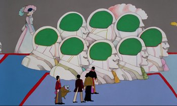 Movie still from “Yellow Submarine” (1968), directed by George Dunning – A group of people standing in front of a painting; Extreme Wide shot, Overhead angle