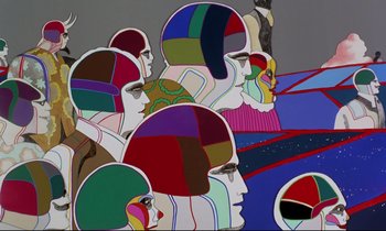 Movie still from “Yellow Submarine” (1968), directed by George Dunning – A group of people that are standing in a group; Medium shot, Low angle