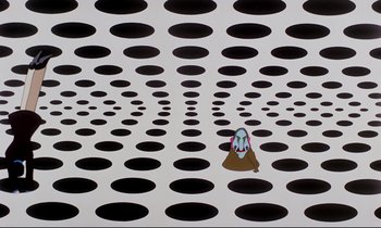 Movie still from “Yellow Submarine” (1968), directed by George Dunning – An image of a cartoon character in the middle of a room; Extreme Wide shot, Overhead angle