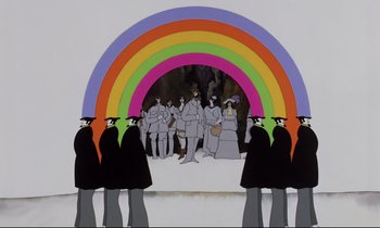 Movie still from “Yellow Submarine” (1968), directed by George Dunning – A group of people standing in front of a rainbow; Wide shot, Low angle