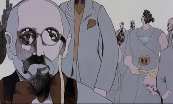 Movie still from “Yellow Submarine” (1968), directed by George Dunning – A painting of a man with a beard and glasses; Extreme Close Up shot, Low angle