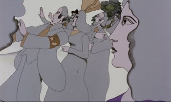 Movie still from “Yellow Submarine” (1968), directed by George Dunning – A group of people standing around a woman's face; Close Up shot, Low angle