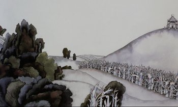 Movie still from “Yellow Submarine” (1968), directed by George Dunning – A painting of a hilly landscape with trees and bushes; Extreme Wide shot, Low angle