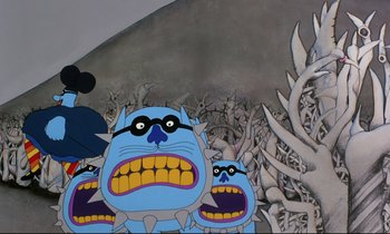 Movie still from “Yellow Submarine” (1968), directed by George Dunning – A group of cartoon characters with their mouths open; Medium shot, Low angle