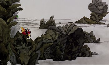 Movie still from “Yellow Submarine” (1968), directed by George Dunning – A painting of a man riding a horse through the snow; Extreme Wide shot, Overhead angle