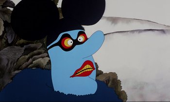 Movie still from “Yellow Submarine” (1968), directed by George Dunning – A cartoon of a person wearing a mouse mask; Close Up shot, Low angle