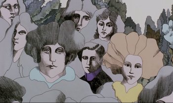 Movie still from “Yellow Submarine” (1968), directed by George Dunning – A group of people that are standing in the grass; Close Up shot, Low angle