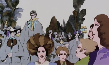 Movie still from “Yellow Submarine” (1968), directed by George Dunning – A group of people that are standing in front of trees; Medium shot, Low angle