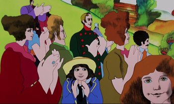 Movie still from “Yellow Submarine” (1968), directed by George Dunning – A group of people standing in front of each other; Medium shot, Over the shoulder angle