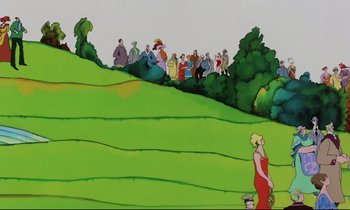 Movie still from “Yellow Submarine” (1968), directed by George Dunning – A group of people standing on top of a green hill; Extreme Wide shot, Low angle