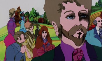 Movie still from “Yellow Submarine” (1968), directed by George Dunning – A painting of a crowd of people in a field; Close Up shot, Low angle