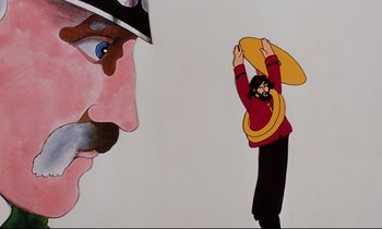Movie still from “Yellow Submarine” (1968), directed by George Dunning – A cartoon of a man in a red jacket and a man in a yellow hat; Close Up shot, Low angle