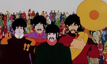 Movie still from “Yellow Submarine” (1968), directed by George Dunning – A group of people standing next to each other in front of a painting; Wide shot, Low angle