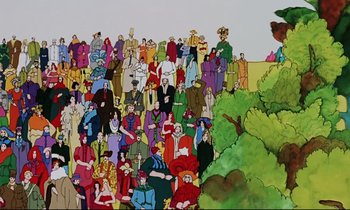 Movie still from “Yellow Submarine” (1968), directed by George Dunning – A large group of people standing together; Extreme Wide shot, High angle
