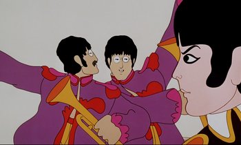 Movie still from “Yellow Submarine” (1968), directed by George Dunning – A cartoon image of the beatles playing instruments; Close Up shot, Low angle